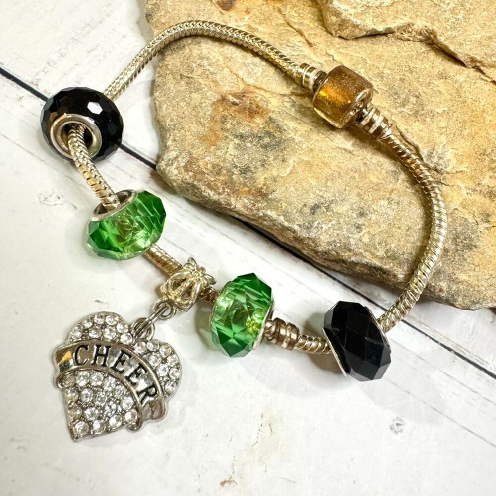Sterling Silver European Charm Bracelet 925 Green Black Glass Cheer Pavé Charms